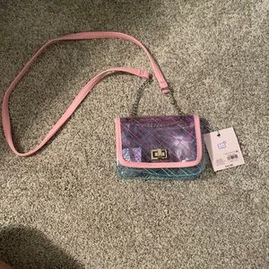 Small clear multiple color purse with chain detail strap